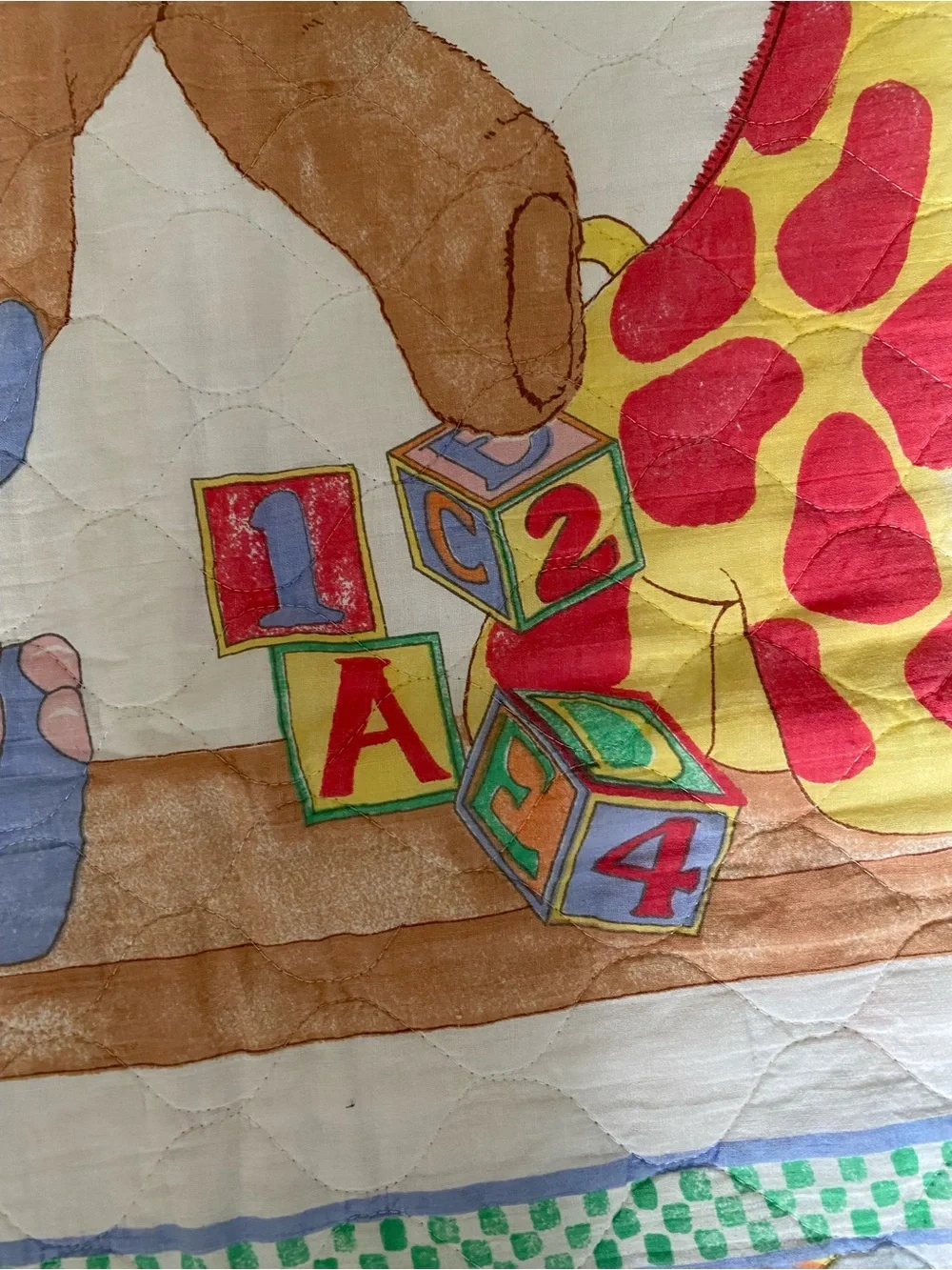 VTG  80s 90s Handmade Baby Quilt Yellow Plaid Giraffe Teddy Bear Elephant Bunny